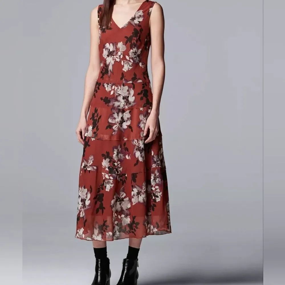 Simply VeraVeraWang M Burned Umber Slvless V-neck Sheer Lined Women Maxi Dress